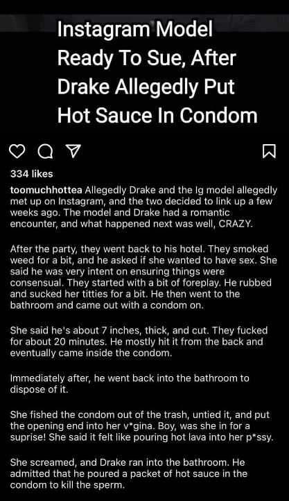 Shes on fire Drake puts hot sauce in condom to stop model from stealing his sperm