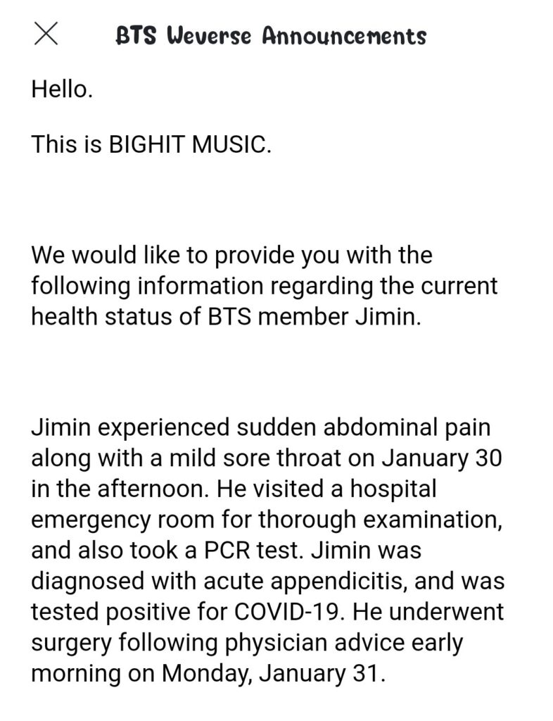 Jimin has gone through urgent surgery and is Covid-19 positive, Big Hit confirms