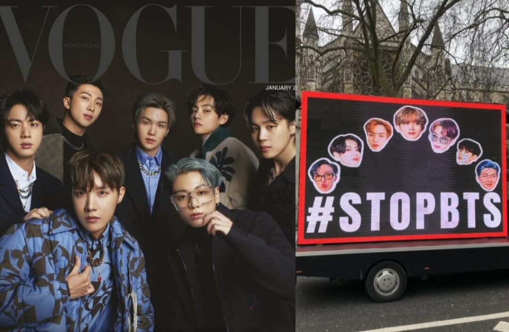 A truck with BTS photos and "#STOPBTS" message appeared on London city