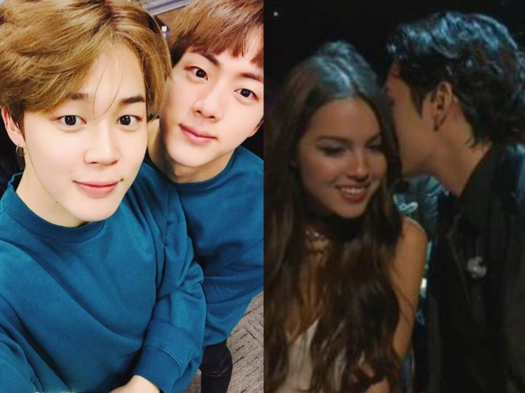 Jimin and Jin of BTS react to Taehyung with Olivia Rodrigo at the Grammys