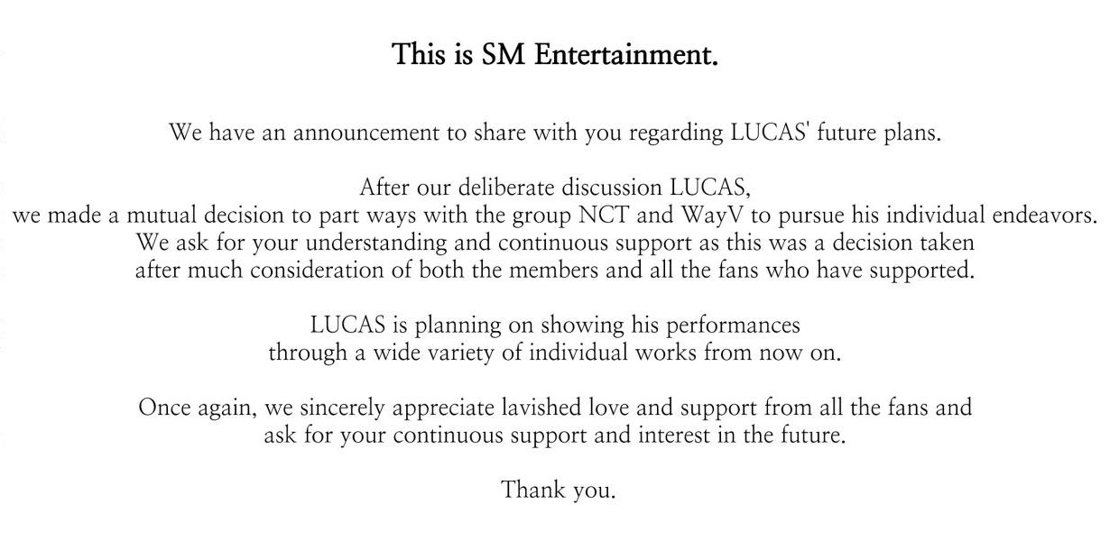 NCT's Lucas officially leaves NCT, WayV, and all its subunits