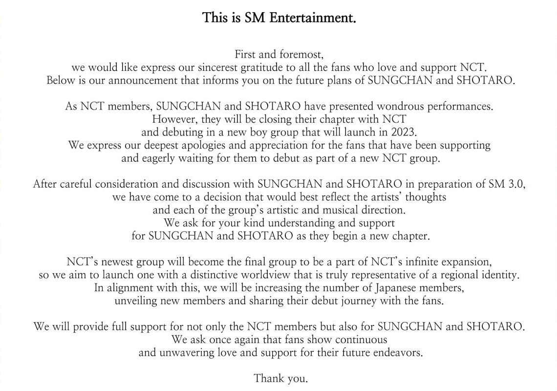 Sungchan and Shotaro will be removed from NCT to join a new K-Pop group