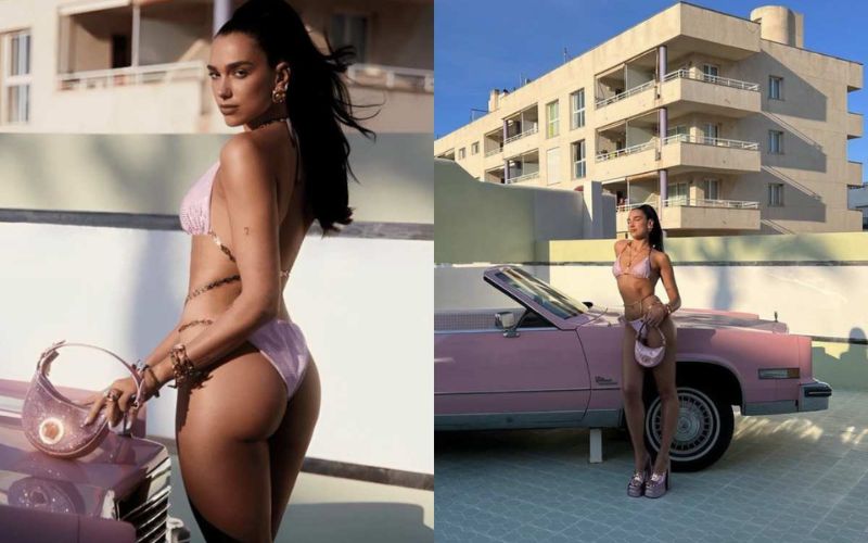 Dua Lipa reveals that her outfit for the summer is a Versace string bikini that she designed herself