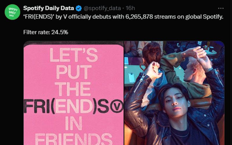 BTS’ V achieves another feat on Spotify with his single, “FRI(END)S”