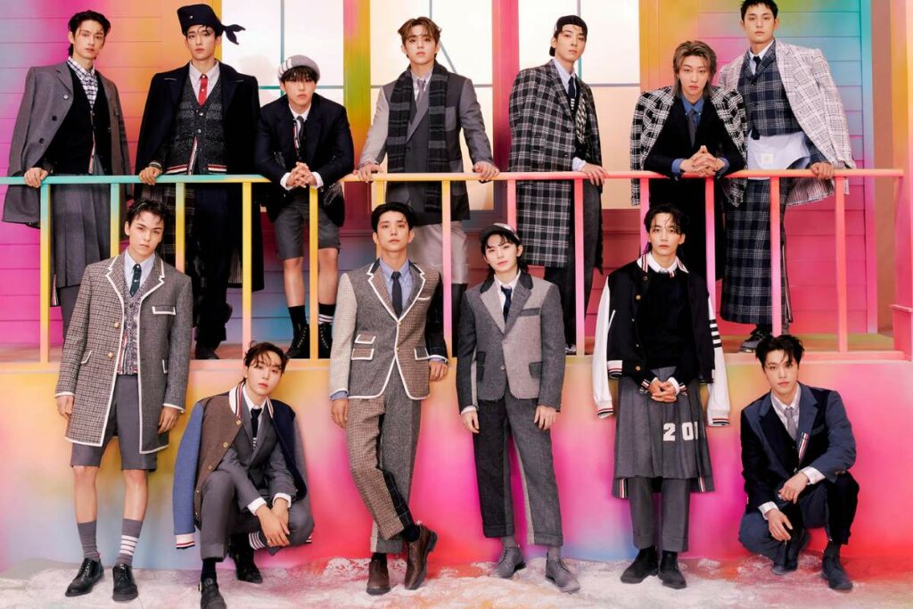 SEVENTEEN break gender norms wearing skirts for their hits album photos