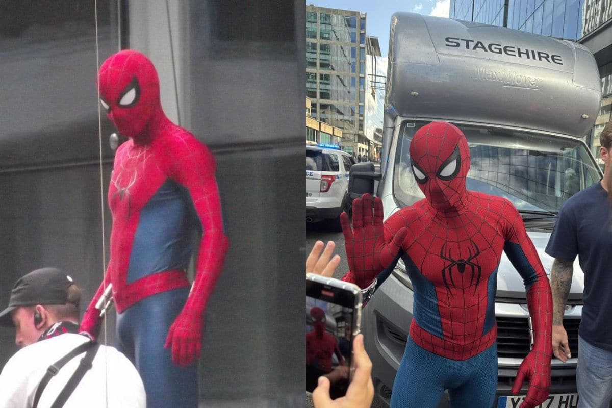 This is the first look at Tom Holland in his new Spider-Man suit New suit including a raised webbing, a reimagined and bigger spider emblem on the ches