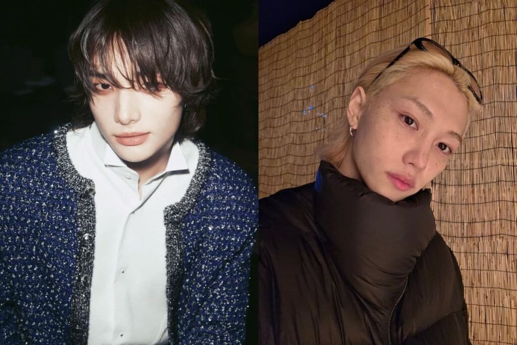 Stray Kids’ Hyunjin and Felix pose alongside Emmanuel Macron