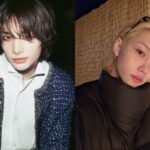 Stray Kids’ Hyunjin and Felix pose alongside Emmanuel Macron