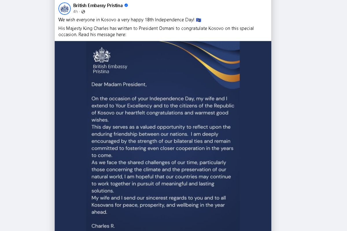 King Charles III congratulates Kosovo on its 18th anniversary of independence King Charles III congratulates the president of Kosovo in new letter