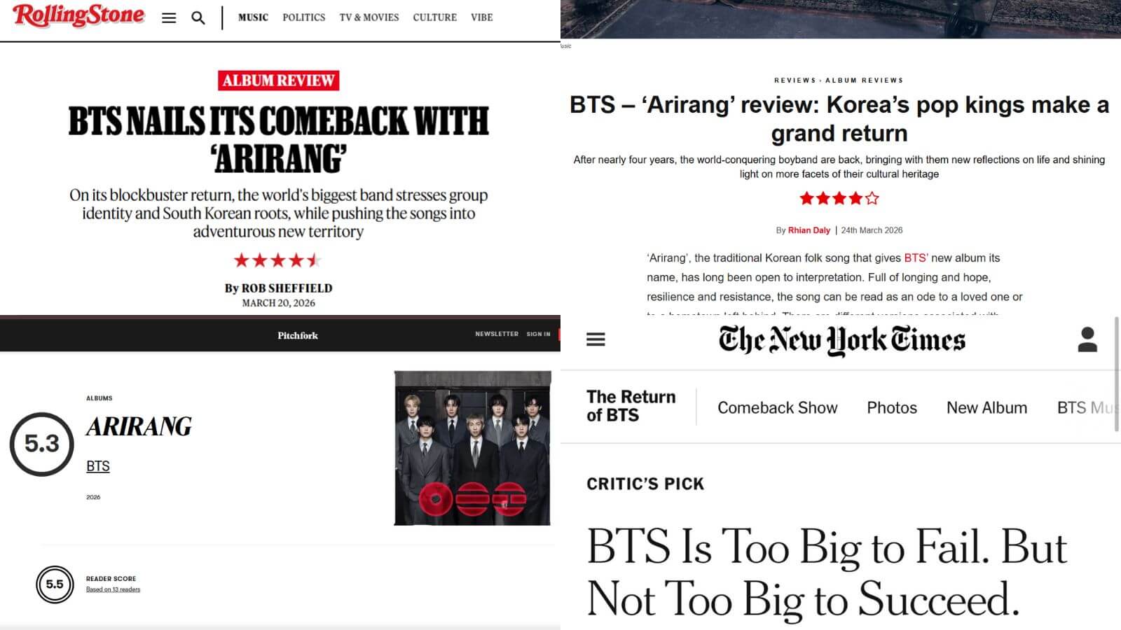 These are all BTS' new album 'ARIRANG' critic reviews so far