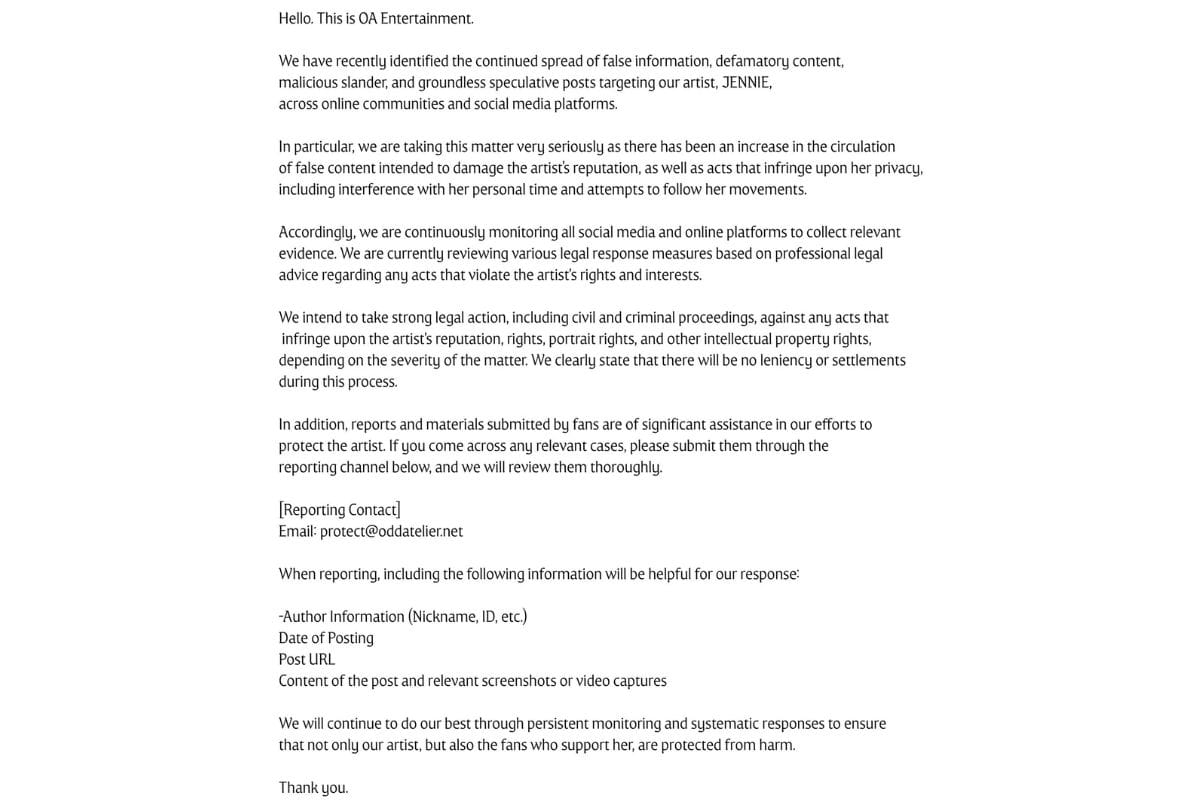 OA Entertainment on Jennie's security 