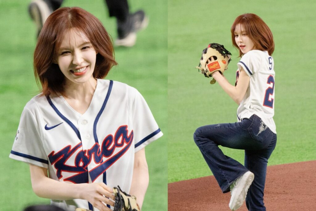 Red Velvet's Wendy throws out the ceremonial first pitch for the Korean team