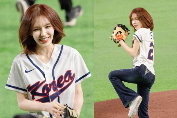 Red Velvet's Wendy throws out the ceremonial first pitch for the Korean team