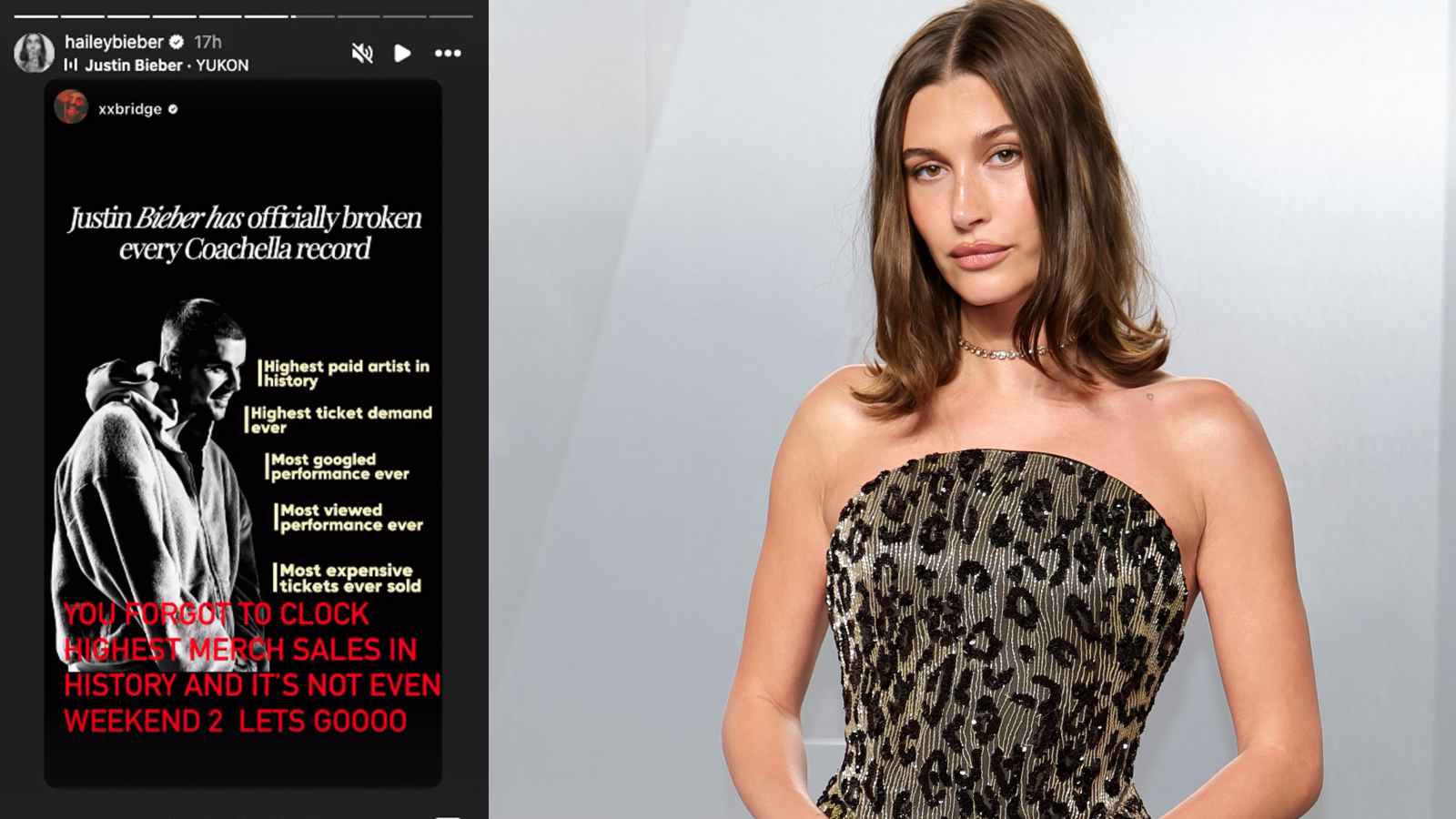 Hailey Bieber reacts to Justin Bieber’s Coachella record-breaking headlining performance