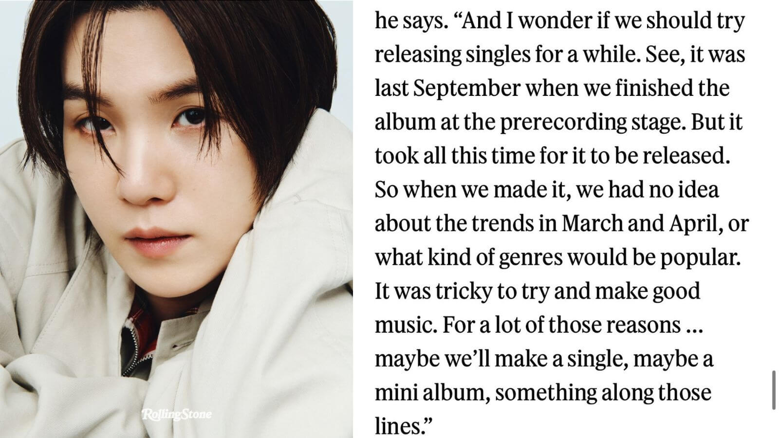 BTS teases the release of a possible single or mini album in a Rolling Stone interview