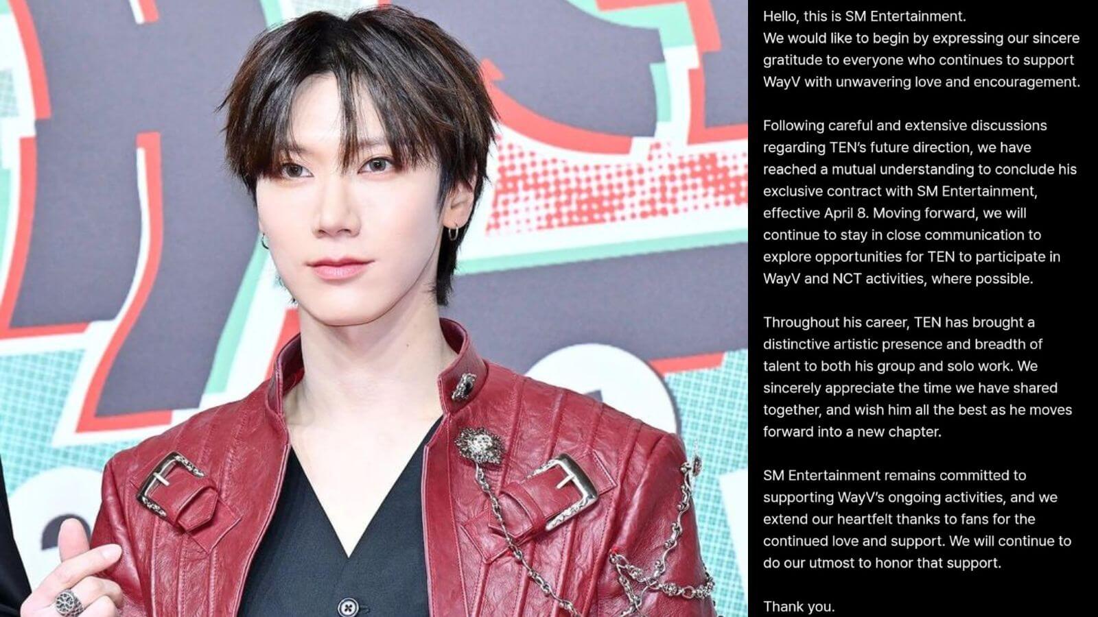 Ten from NCT and WayV has terminated his contract with SM Entertainment Ten from NCT and WayV has terminated his contract with SM Entertainment
