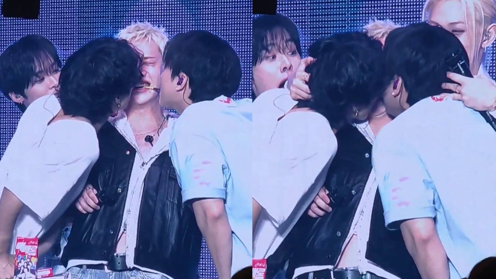 The three-way kiss Han, Bang Chan, and Changbin of Stray Kids shared at their last fan meeting The three-way kiss Han, Bang Chan, and Changbin of Stray Kids shared at their last fan meeting