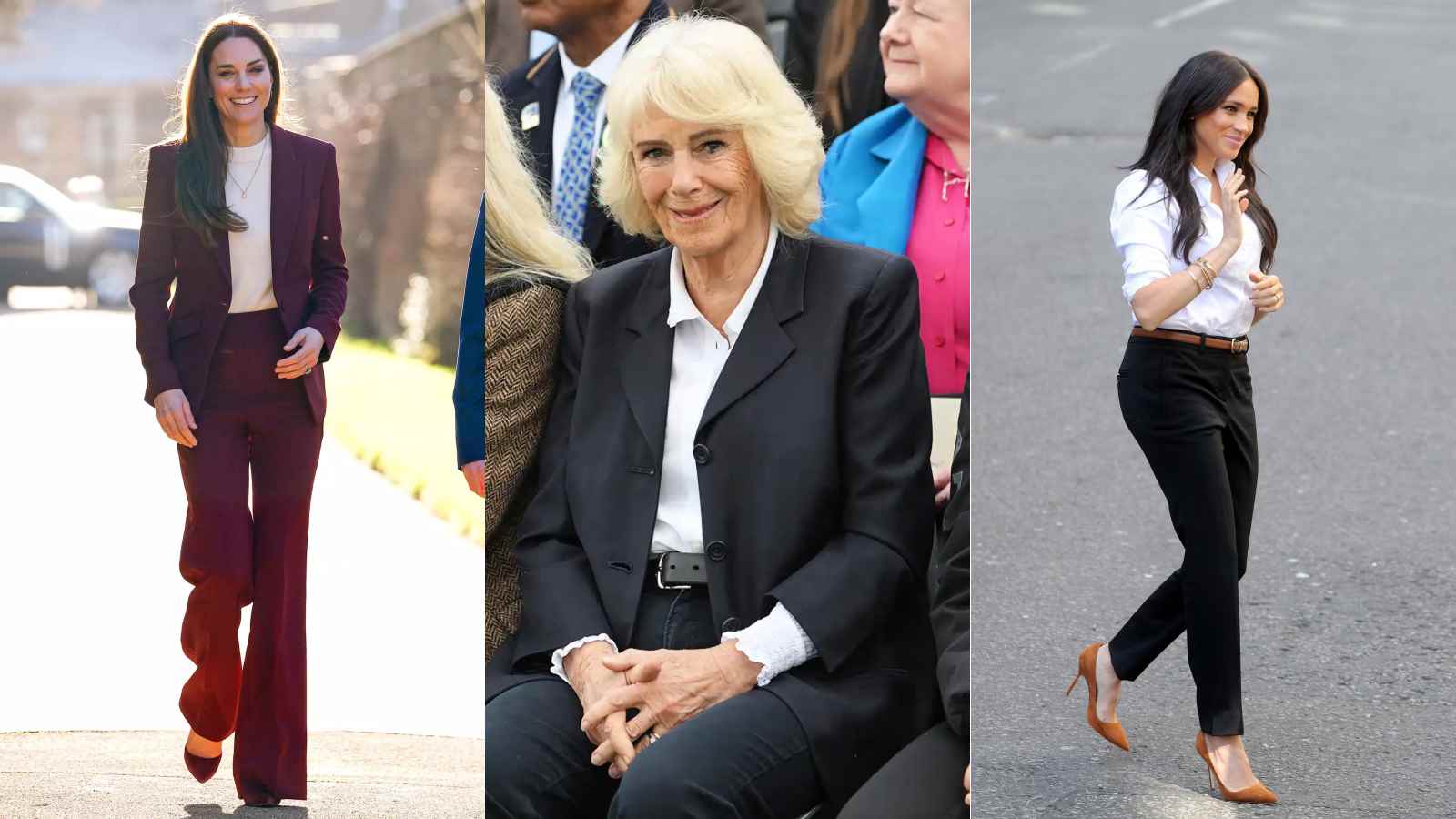 The women of the royal family wearing pants: Queen Camilla, Princess Kate Middleton, and Meghan Markle