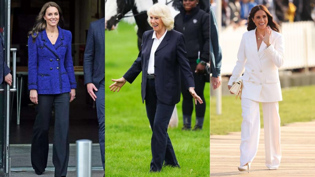 The women of the royal family wearing pants Queen Camilla, Princess Kate Middleton, and Meghan Markle