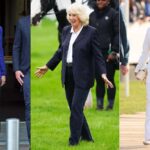 The women of the royal family wearing pants Queen Camilla, Princess Kate Middleton, and Meghan Markle