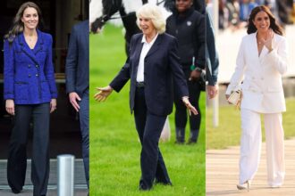 The women of the royal family wearing pants Queen Camilla, Princess Kate Middleton, and Meghan Markle