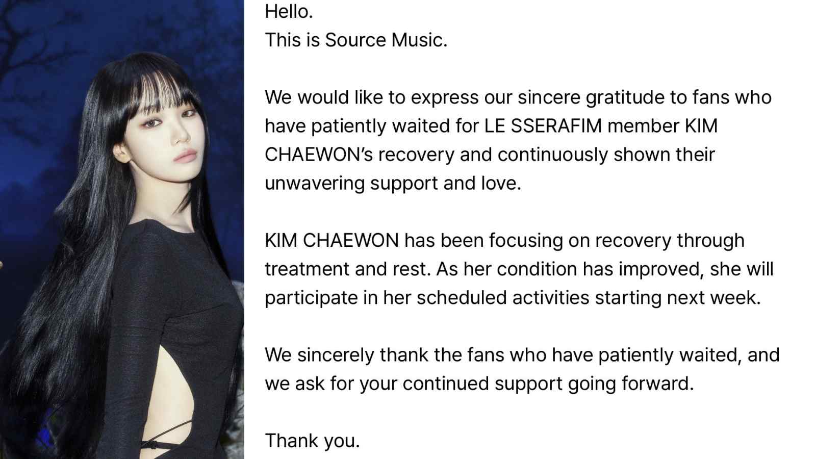 Kim Chaewon returns to LE SSERAFIM after hiatus to focus on her health Kim Chaewon returns to LE SSERAFIM after hiatus to focus on her health