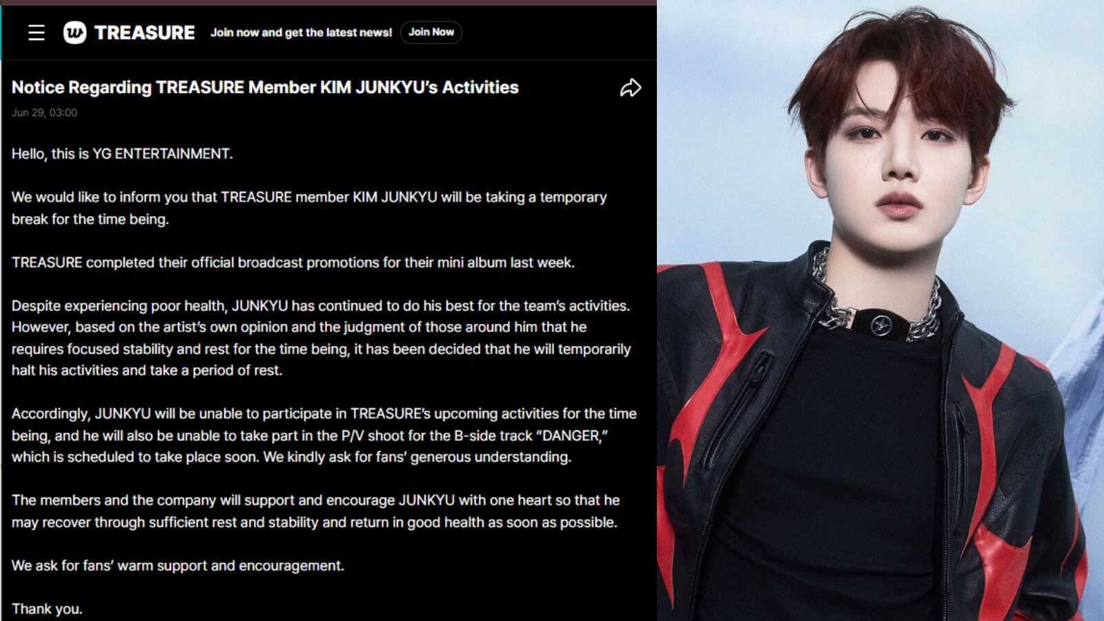 TREASURE's Junkyu will take a temporary hiatus to prioritize his well-being