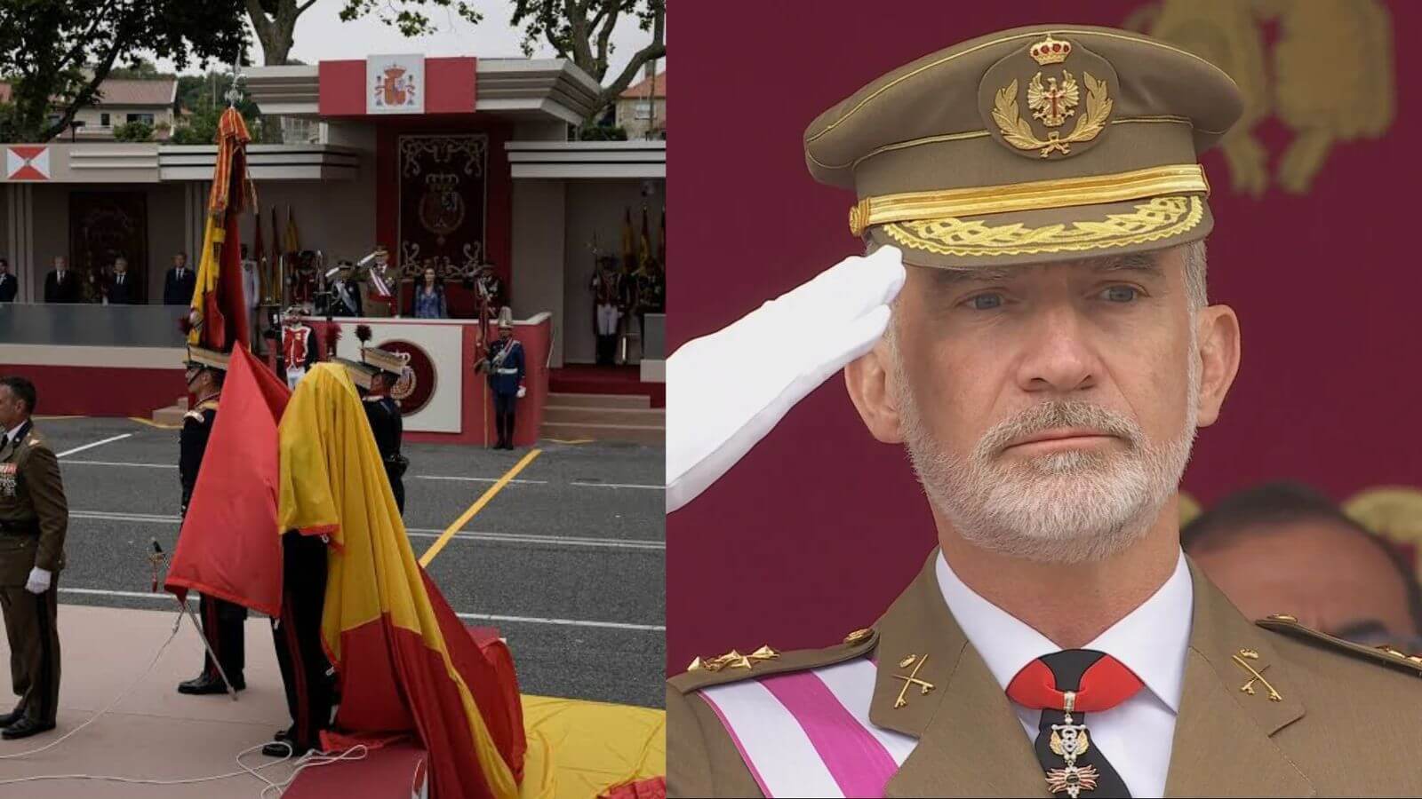 The Spanish flag falls in front of King Felipe VI during a commemorative event The Spanish flag falls in front of King Felipe VI during a commemorative event