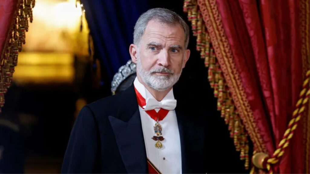 The Spanish flag falls in front of King Felipe VI during a commemorative event