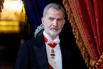 The Spanish flag falls in front of King Felipe VI during a commemorative event