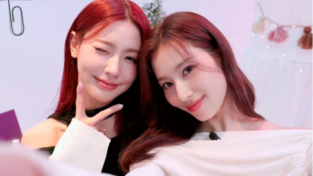 TWICE's Sana reacts to a viral 'wedding' joke with i-dle's Miyeon