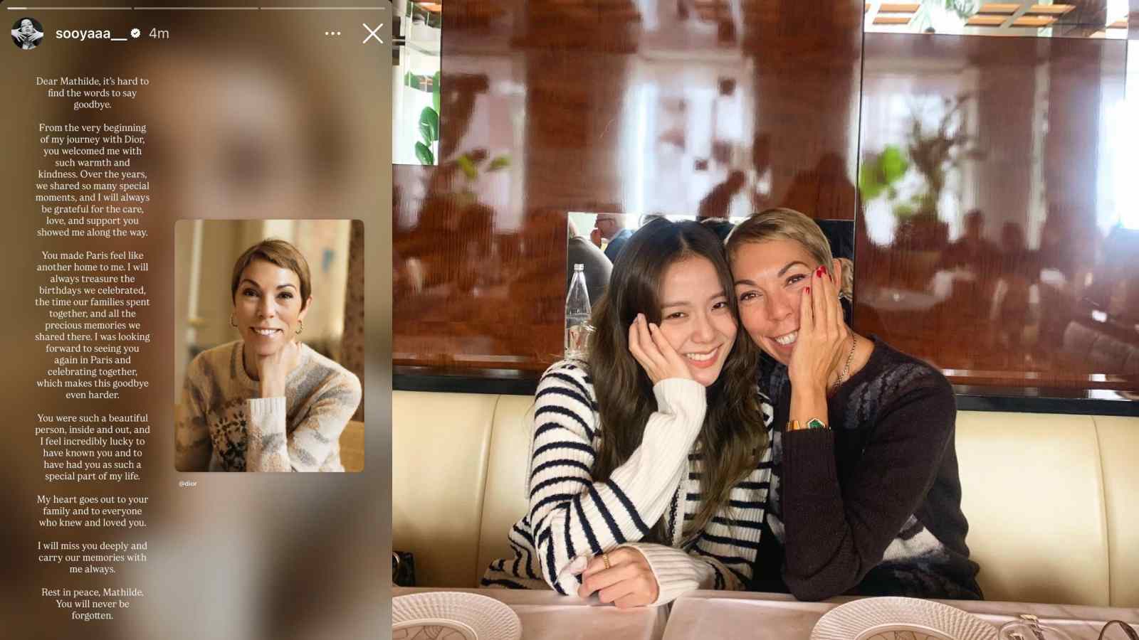 BLACKPINK’s Jisoo pays tribute to Dior PR Director Mathilde Favier after her passing BLACKPINK’s Jisoo pays tribute to Dior PR Director Mathilde Favier after her passing