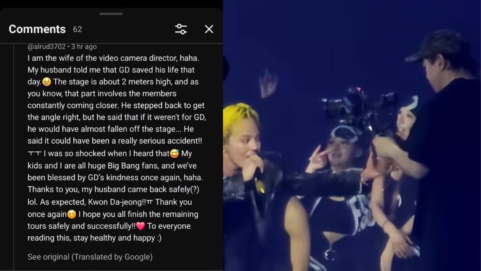BIGBANG's G-Dragon saves his cameraman from a dangerous concert accident