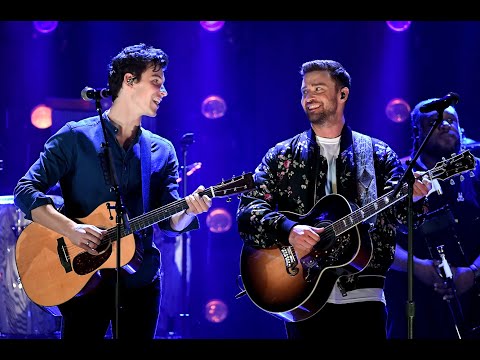 Shawn Mendes and Justin Timberlake performing "What Goes Around Comes Around" iHeart Festival 2018