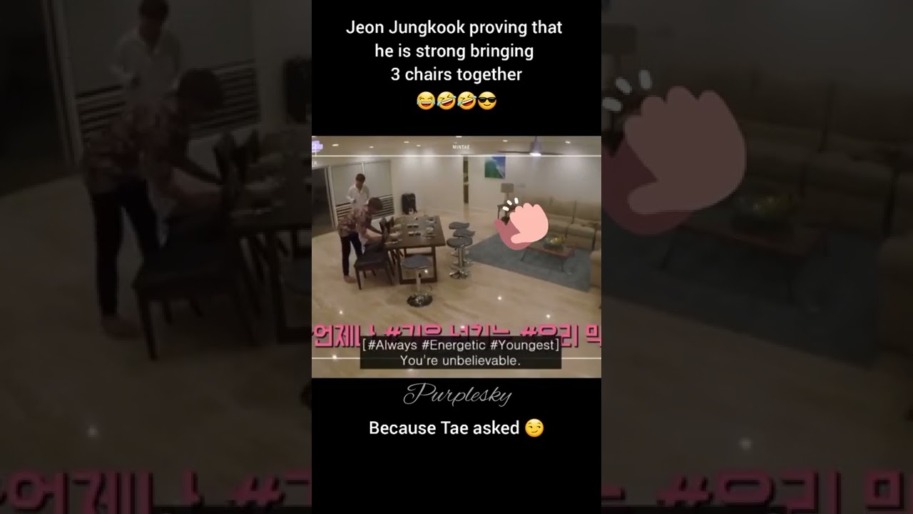 Jungkook carried three chairs together to prove he's strong 🙂💚💜💪#taekook #vkook