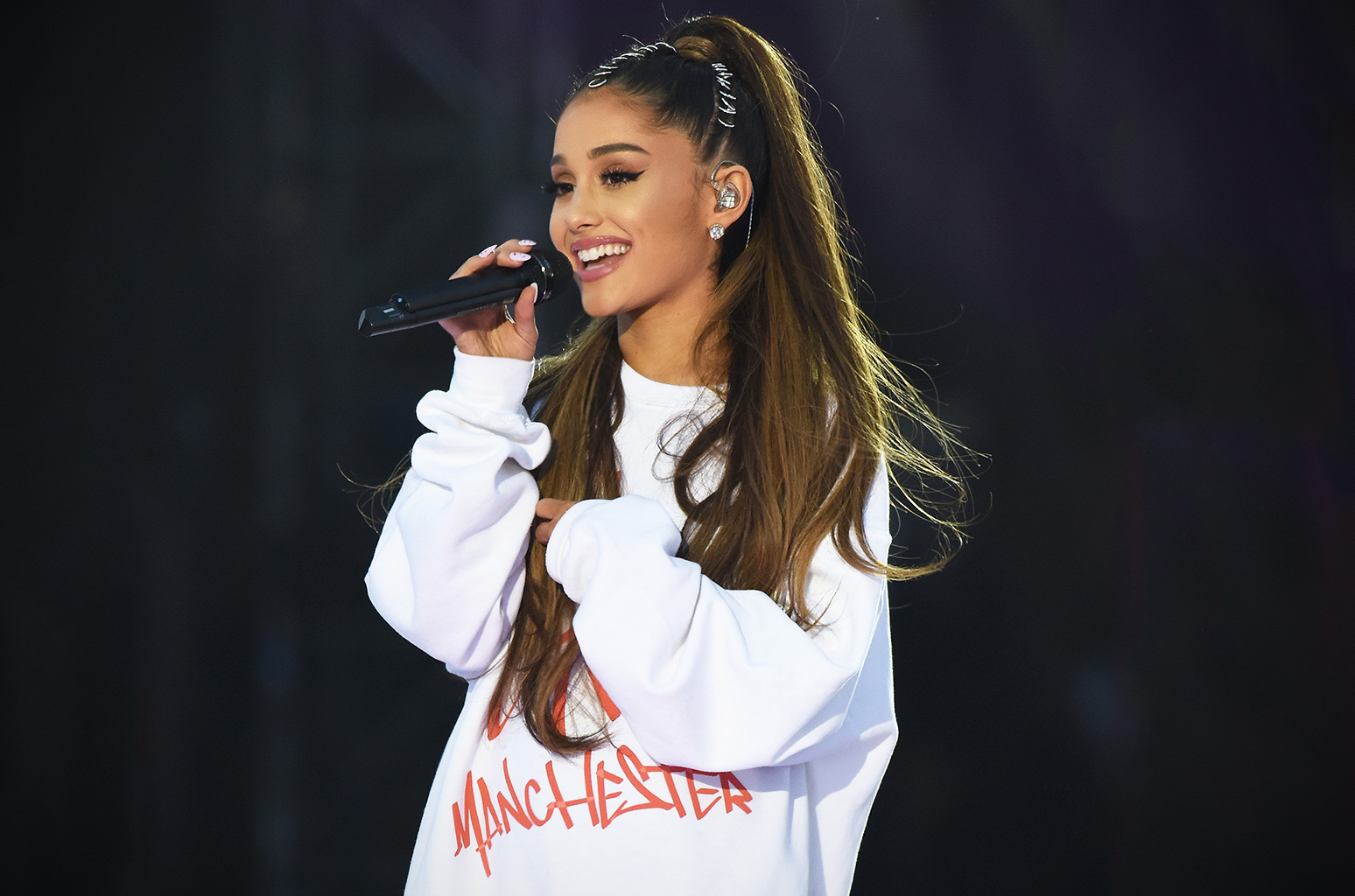 MANCHESTER, ENGLAND - JUNE 04:  NO SALES, free for editorial use. In this handout provided by 'One Love Manchester' benefit concert Ariana Grande performs on stage on June 4, 2017 in Manchester, England. Donate at www.redcross.org.uk/love  (Photo by Getty Images/Dave Hogan for One Love Manchester)