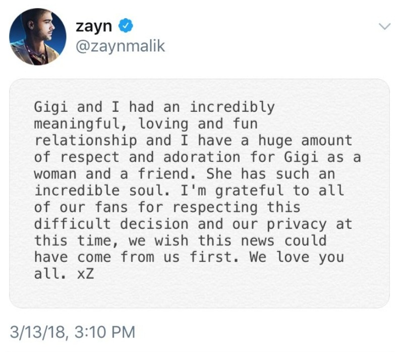 Zayn Malik anuncia su rompimiento con Gigi Hadid