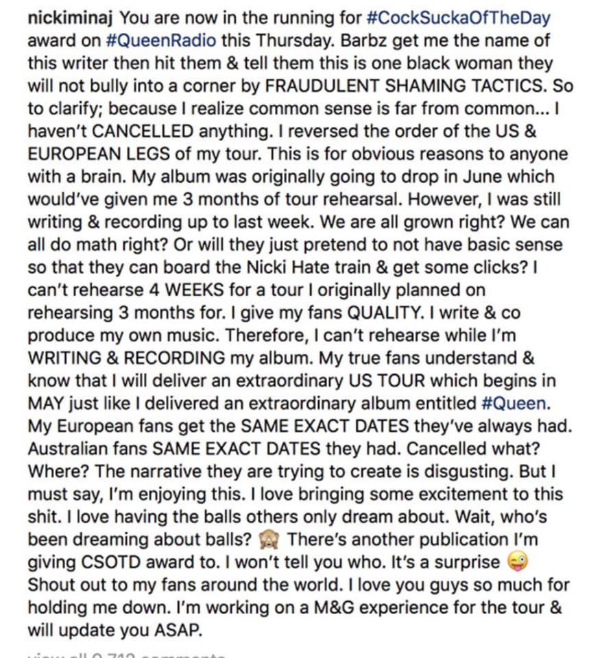 Nicki Minaj confirma que su tour sigue en pie y es casi sold out