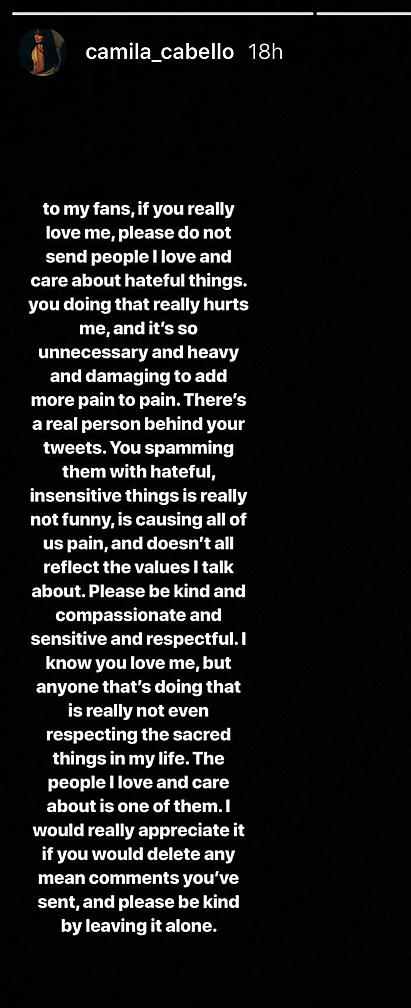 Camila Cabello pide a sus fans no enviarle mensajes hirientes a su Exnovio Matthew