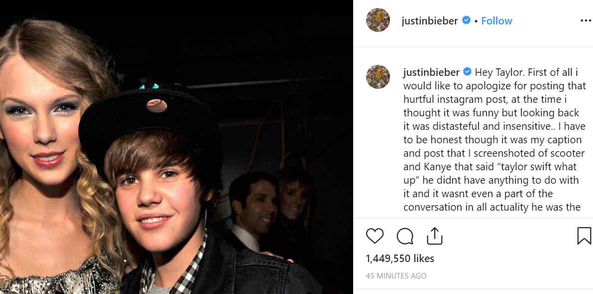 Justin Bieber se disculpa con Taylor Swift pero le dice que está cruzando la linea