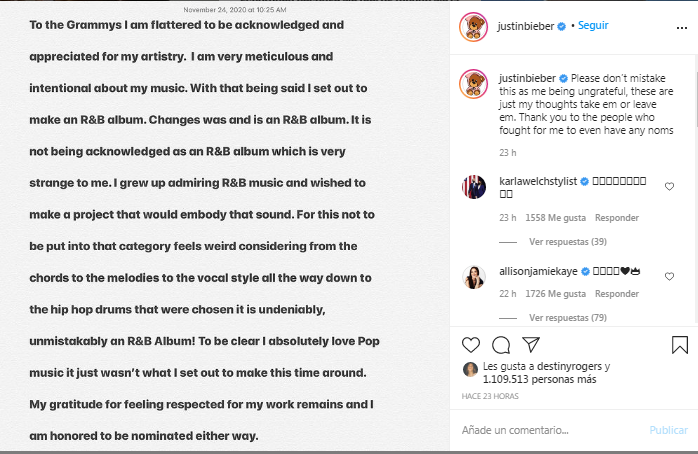 Justin Bieber insiste en que fue erróneamente nominado a las categorías pop del Grammy
