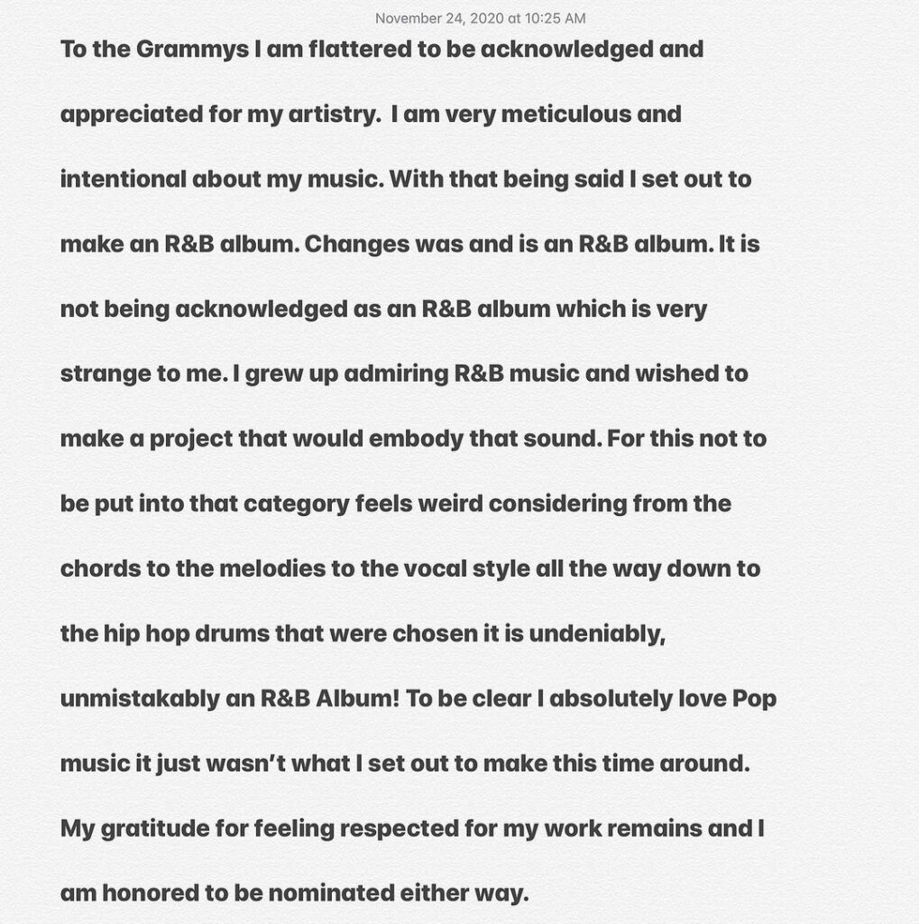 Justin Bieber insiste en que fue erróneamente nominado a las categorías pop del Grammy