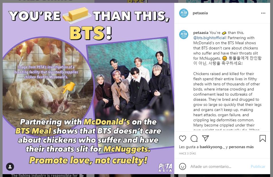 PETA acusa a BTS de contribuir al maltrato animal tras colaboración con McDonald's