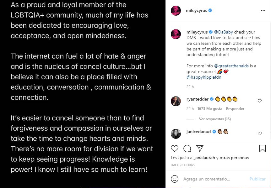 Miley Cyrus es cancelada tras ofrecerle un dialogo a DaBaby para 'aprender unos de otros'