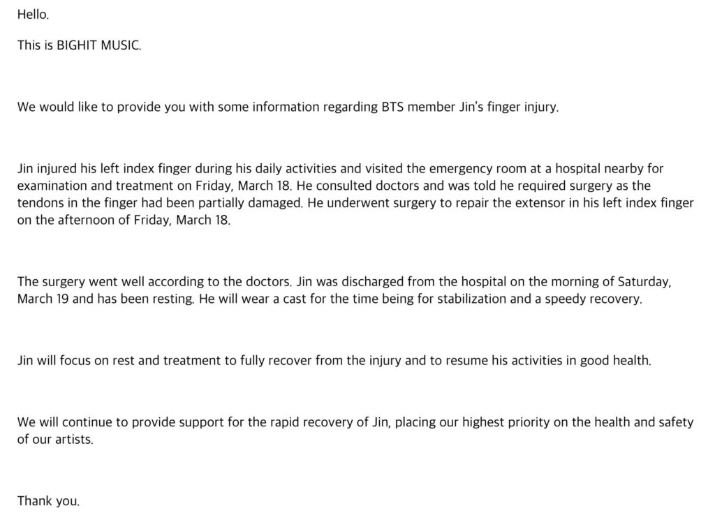 BTS' Jin was rushed to emergency surgery after injuring his index finger