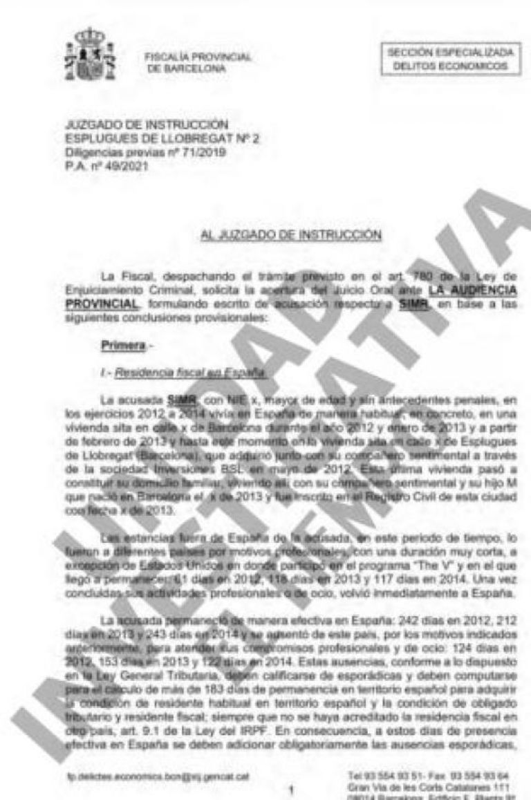 Fiscalía española revela el escrito de la acusación contra Shakira y también señalan a Piqué