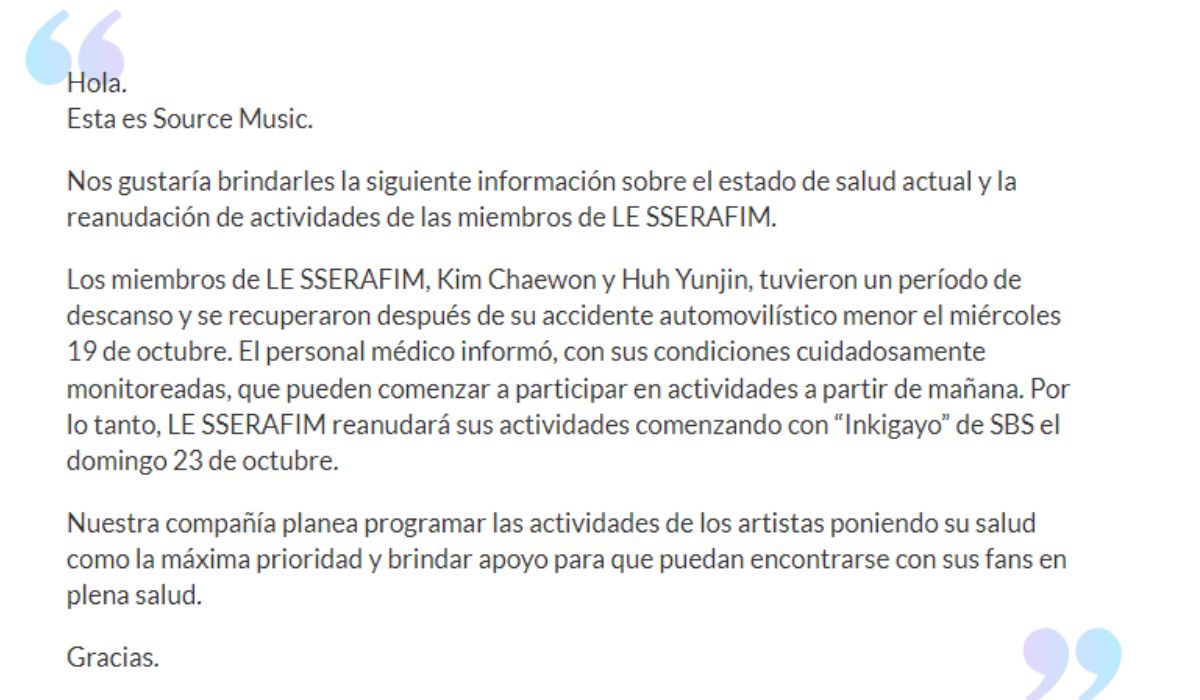 LE SSERAFIM sufrió accidente automovilístico, sus presentaciones han sido pausadas