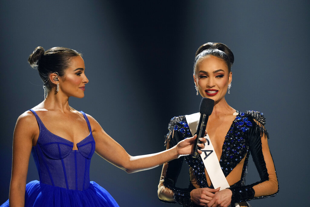 Miss USA R'Bonney Gabriel answers a question during the final round of the 71st Miss Universe Beauty Pageant in New Orleans, Saturday, Jan. 14, 2023. (AP Photo/Gerald Herbert)