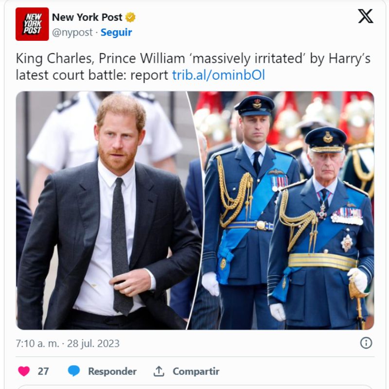 El rey Carlos III y el príncipe William enfurecen por el nuevo drama del príncipe Harry en la corte
