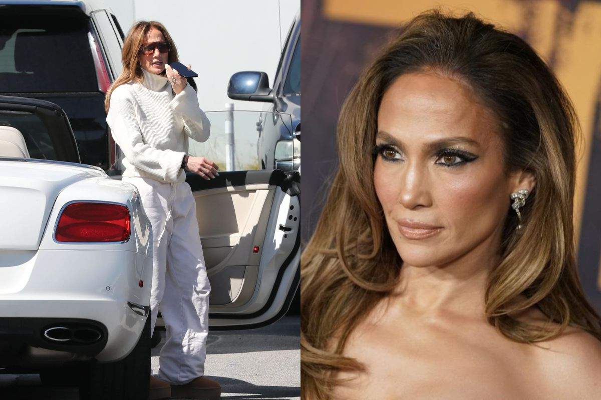 El espectacular outfit de Jennifer Lopez con baggy jeans blancos y botas UGG cafés